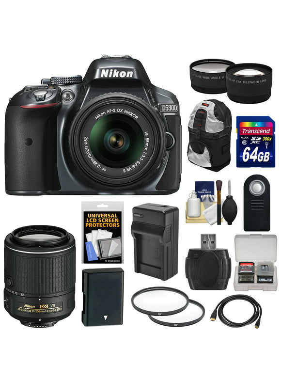 Nikon D5300 Digital SLR Camera & 18-55mm G VR II Lens (Grey) with 55-200mm VR II Lens + 64GB Card + Backpack + Battery & Charger + Tele/Wide Lens Kit