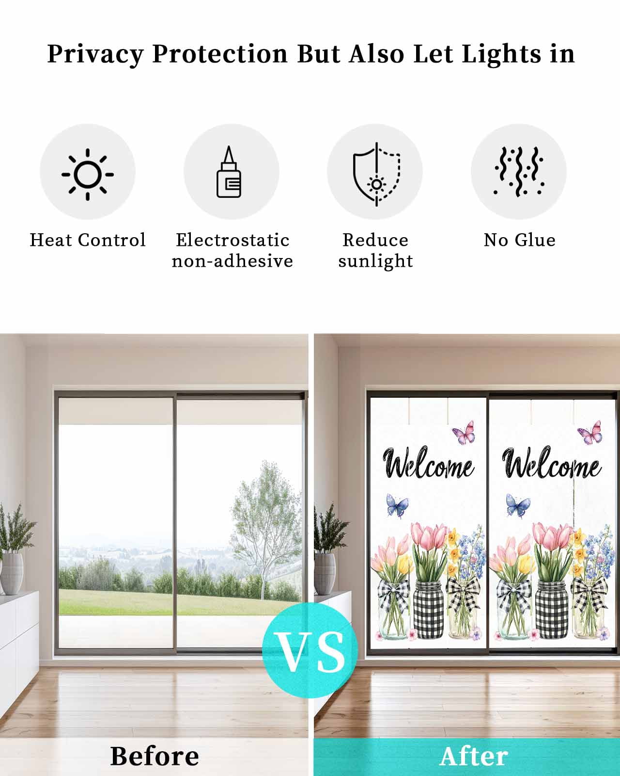 Window Privacy Film Spring Flowers Stained Glass Window Film Decorative Sun Block Window Cover Farmhouse Tulip Botanical Watercolor Window Clings Static Adhesive Sticker for Bathroom 23.6"x59"