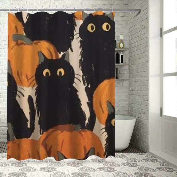 Patifu Cute Cat Bathroom Decor Set with Hooks - Graphic Print Polyester Stylish Shower Curtain for Halloween, Washable Shower Curtain with Hooks Included 36"x72