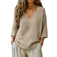 thumbnail image 2 of Gauze Tops Womens Summer Casual Linen Cotton Tunic Blouse 3/4 Sleeve Flowy V Neck Peasant Shirts Beach Tropical Vacation Tees Light Khaki S, 2 of 8
