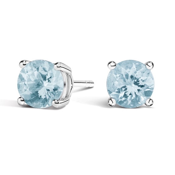 14k White Gold Round Blue Aquamarine Stud Earrings Plated by Paris Jewelry
