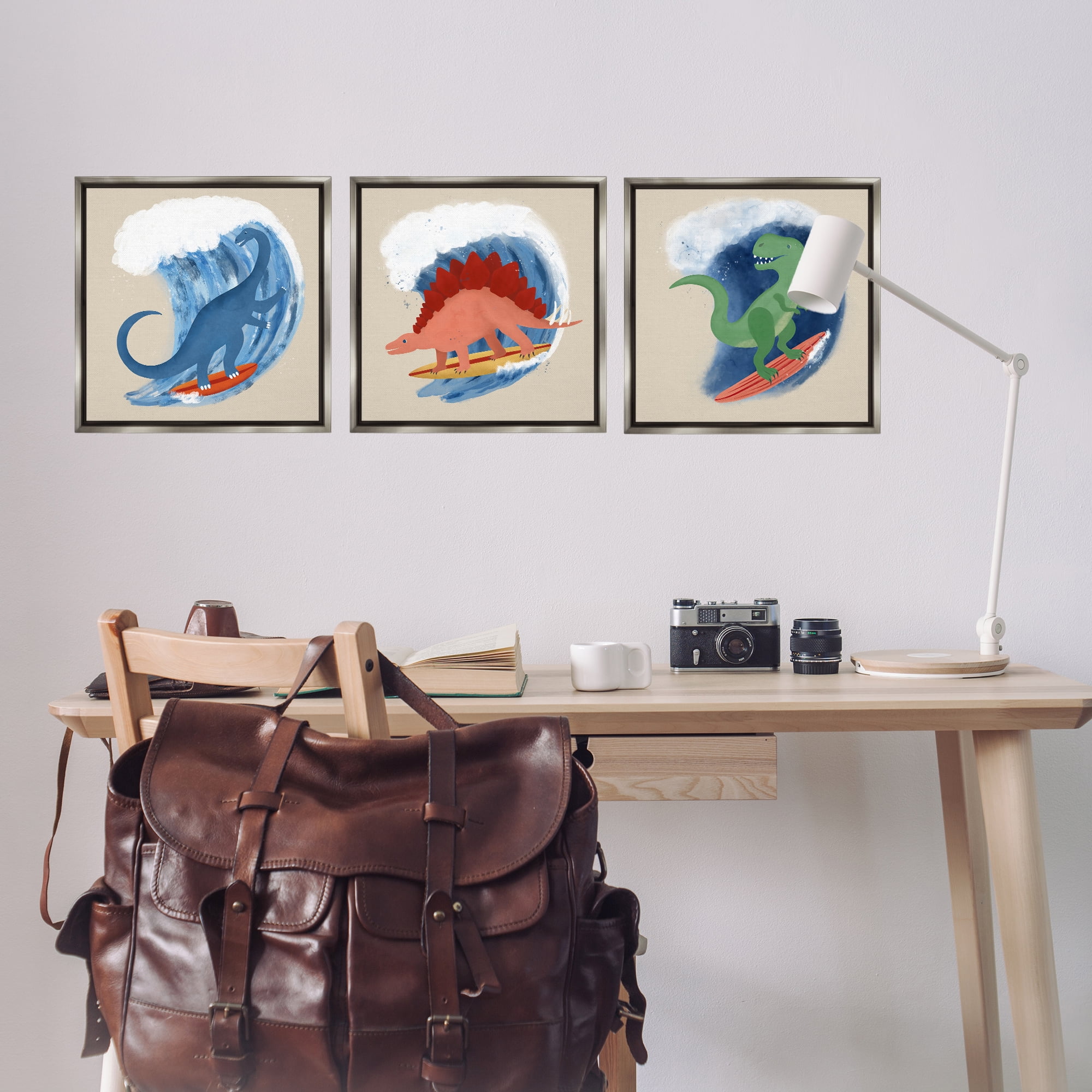 Stupell Industries Dinos Surfing Beach Waves Animals Painting Gray Floater Framed Canvas Art Print Wall Art, 18 x 18, Set of 3