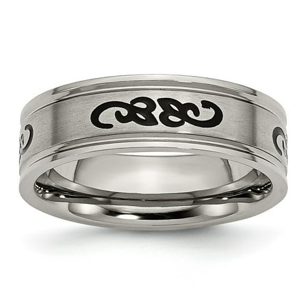 Black Rubber Scroll Design - Titanium with Black Rubber Scroll Design Ridged Edge 7mm Band Ring - Ring Size: 7 to 13