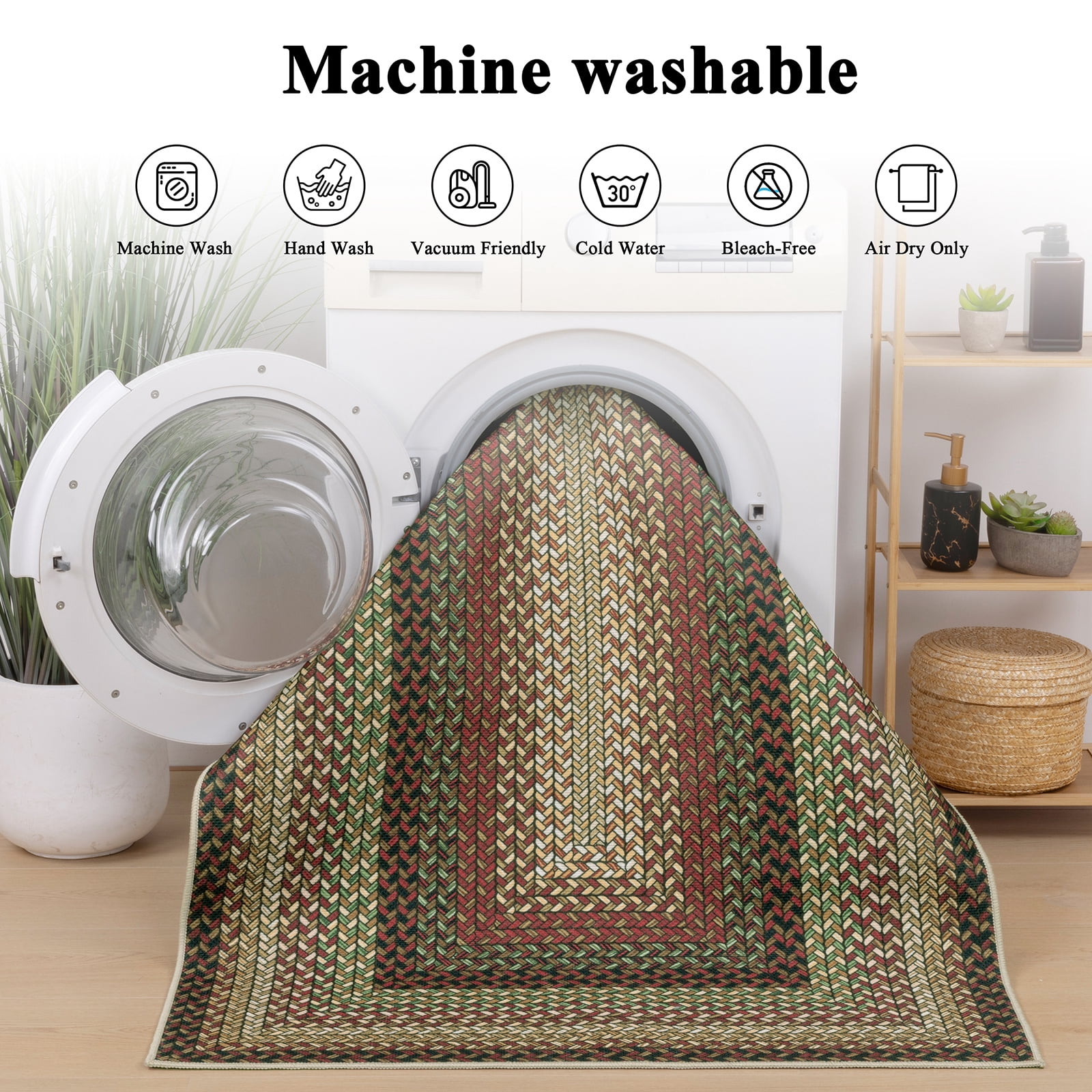 5' x 8' Braided Jute Print Area Rug Washable Non-Slip Pet Friendly Carpet with Concentric Design, Stain Resistant for Living Room, Bedroom & Home Office