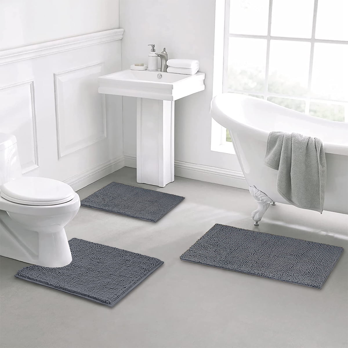 HEBE Bath Rug Sets 3 Piece Non Slip Washable Bath Rug Set for Tub, Shower,  and Bathroom (18''x26''+20''x32''+20''x48'',Grey/White)