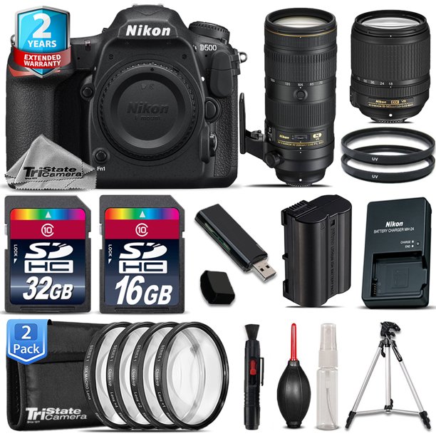 Nikon D500 DSLR Camera + AFS 18-140mm VR + 70-200mm 2.8E + 4PC Macro - 48GB Kit