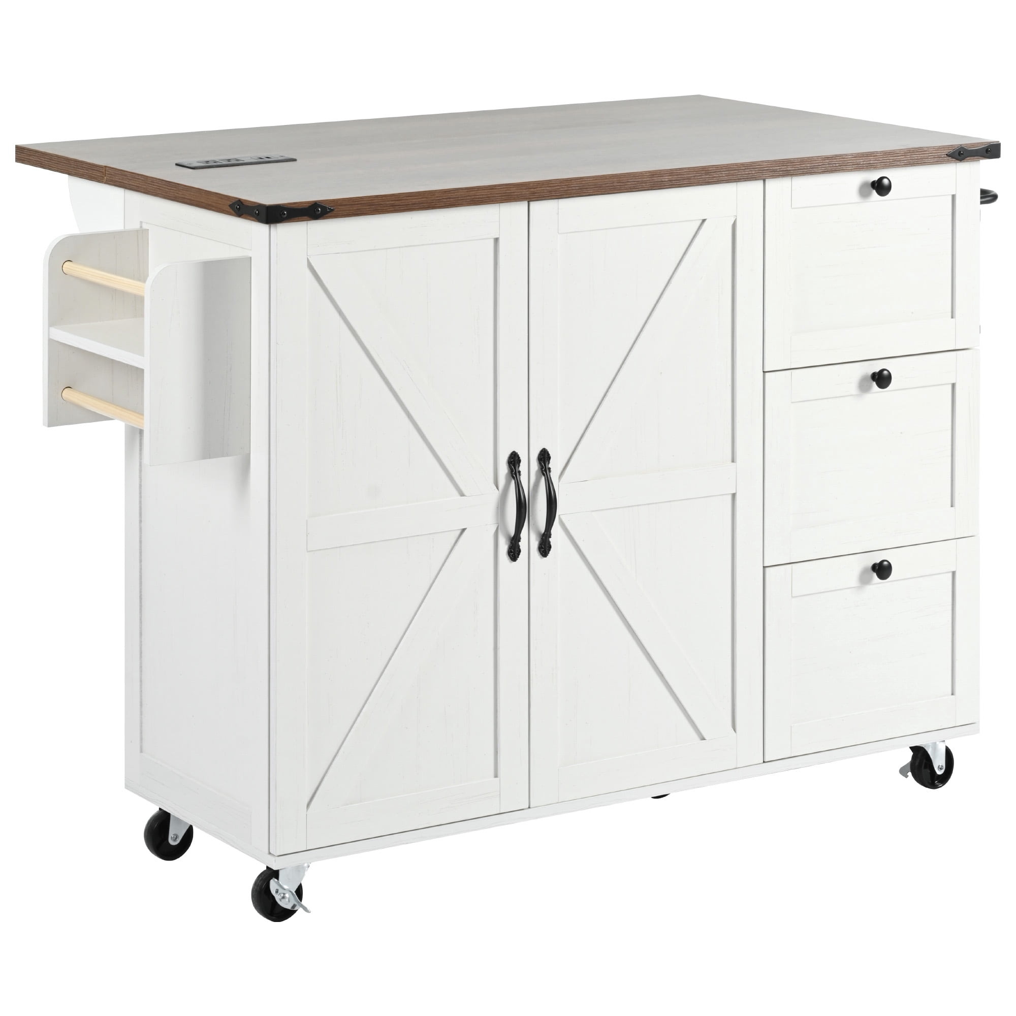 54.5" Rolling Island Cart for Kitchen with Power Outlet, 2 Sliding Barn Door Kitchen Storage Island with Drop Leaf, Spice Rack Rolling Kitchen Cart on Wheels, White