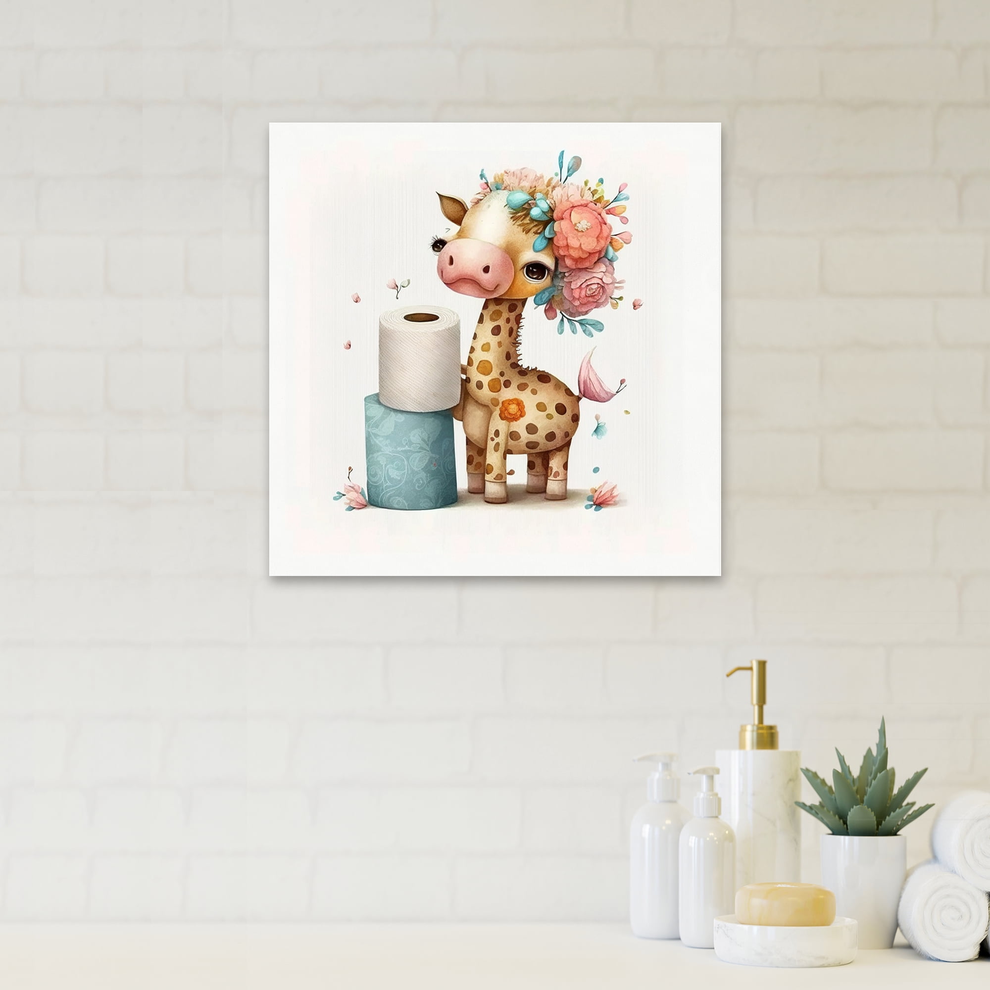 Designart Giraffe Building A Tower Of Toilet Paper With Flower Crown Canvas Wall Art