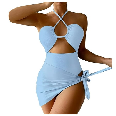 Fesfesfes Bikinis for Women Halter Neck Swimsuit Solid Bikini Strap Bikini Split Swimsuit Set Three-piece Swimming Suit Spring Saving Clearance