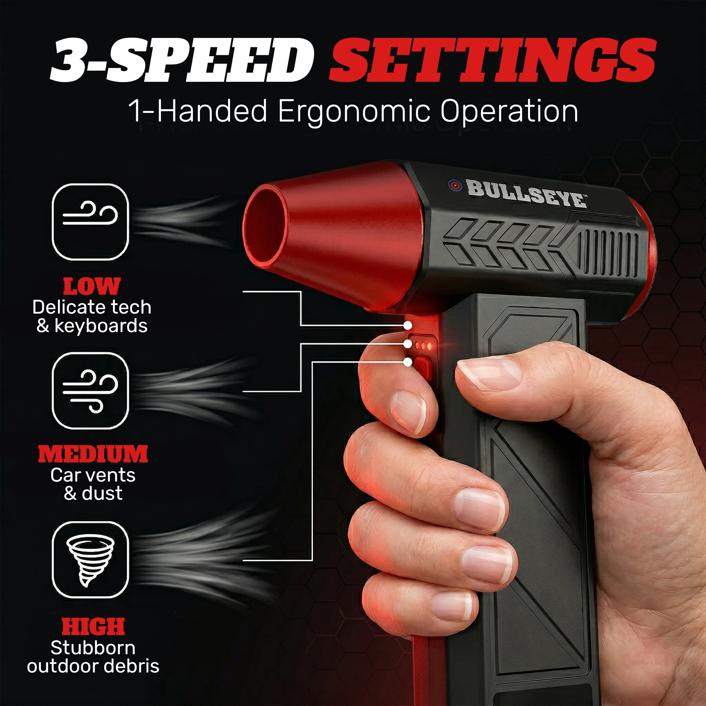 Bullseye Blaster Rechargeable Electric Air Duster, Cordless Leaf Blower, Compressed Air Blower, Keyboard Duster Blower 130,000 RPM, USB-C Fast Charging, 4000mAh, 2 Nozzles Included