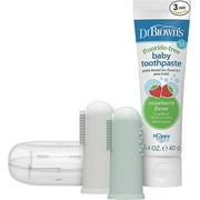 Dr. Brown's 100% Silicone Baby Finger Toothbrush and Toothpaste Set, 2-Pack Toothbrush with Storage Case, Fluoride-Free Strawberry Toddler Toothpaste, Gray & Light-Green