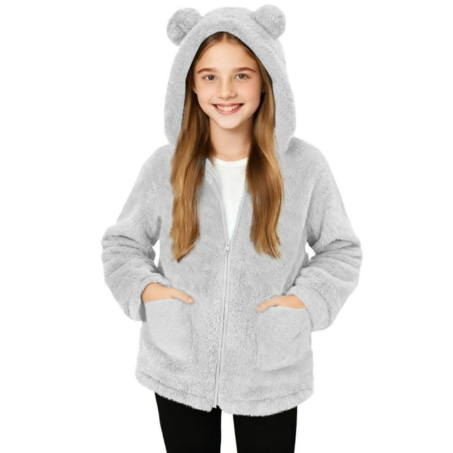 Abrigo de invierno para niños con forro polar de color liso, manga larga, capucha y cremallera, bonita blusa abrigada con bolsillo grande para niñas, top de poliéster