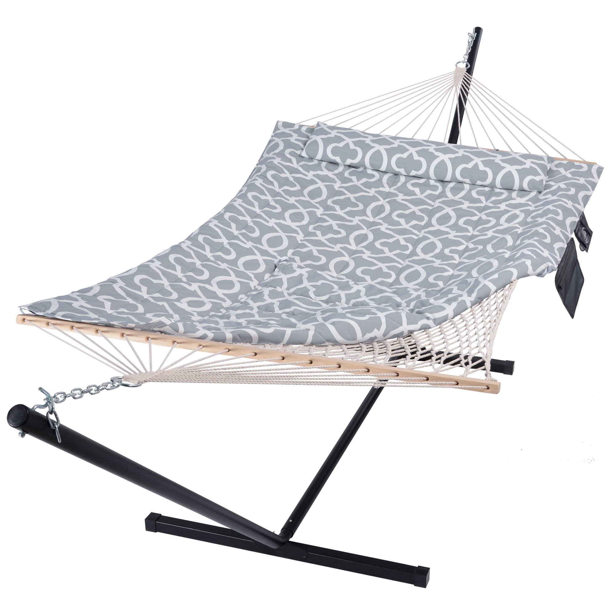 Gafete Large Thicker Hammock with Stand Included 2 Person Heavy Duty Outside Portable Cotton Double Hammocks with Hardwood Spreader Bar and Pillow for Outdoor Navy Max 475lbs Capacity