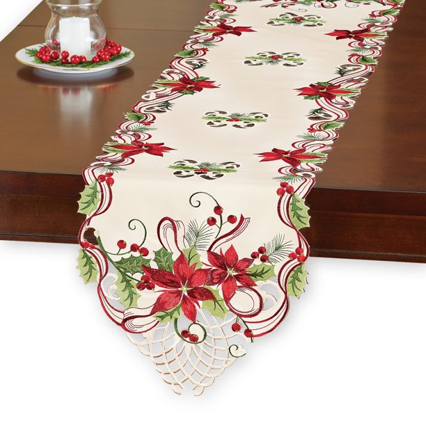 Collections Etc Pretty Poinsettia & Berries Table Linens Runner