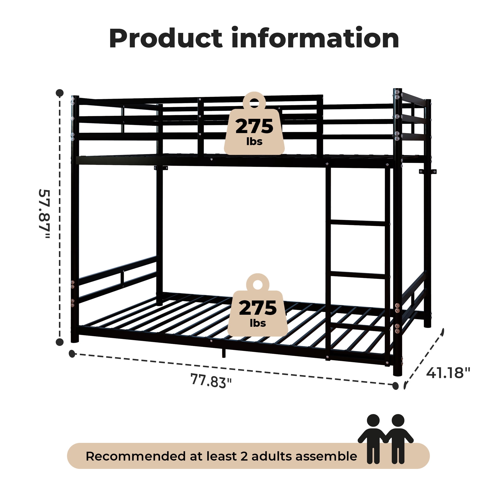Alvantor Bunk Bed Twin over Twin, Metal Low Bunk Bed for Kids with Ladder and Anti-tip Bracket Black