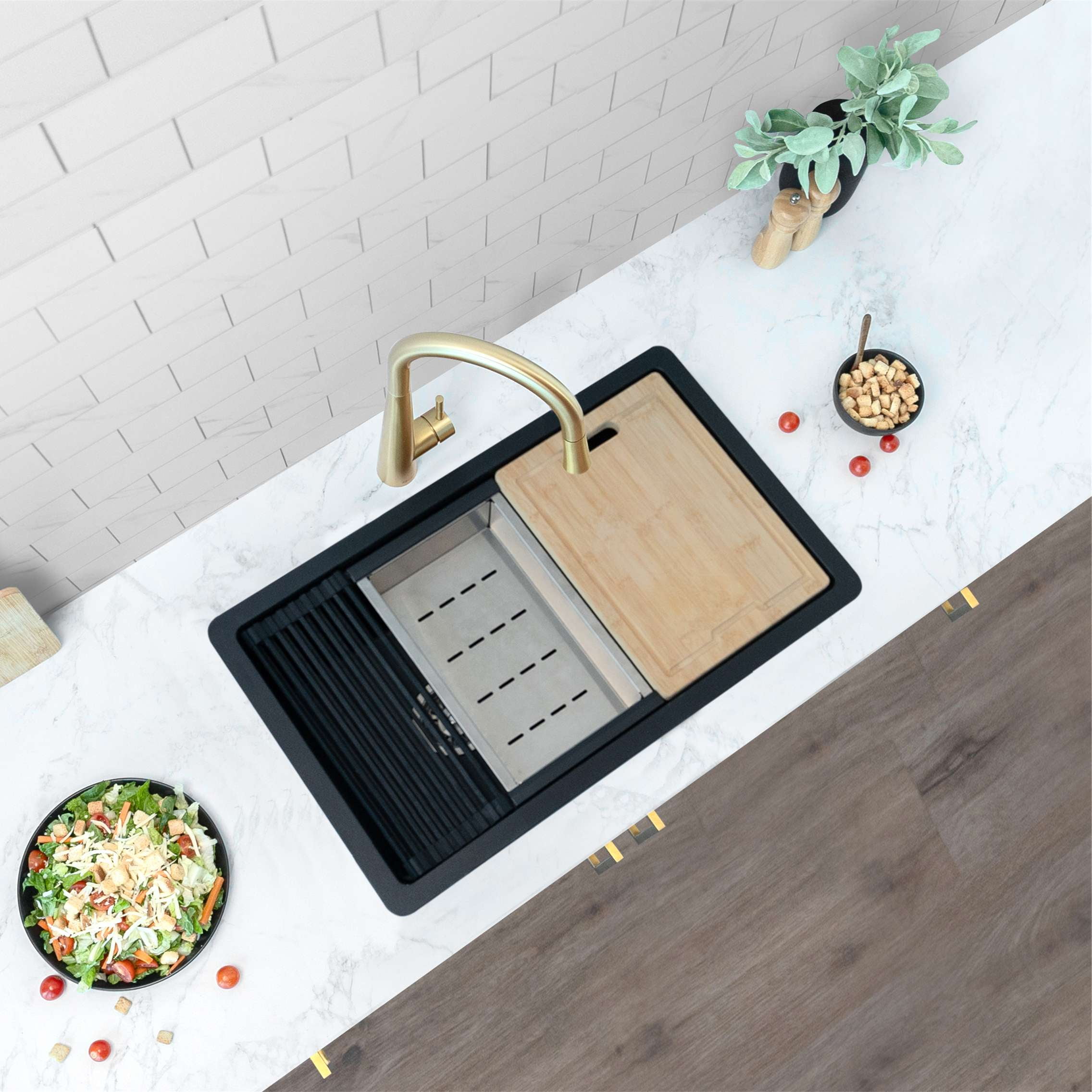 Stylish Dual Mount 28" Black Composite Granite Single Bowl Kitchen Sink with 4 accs S-828WN