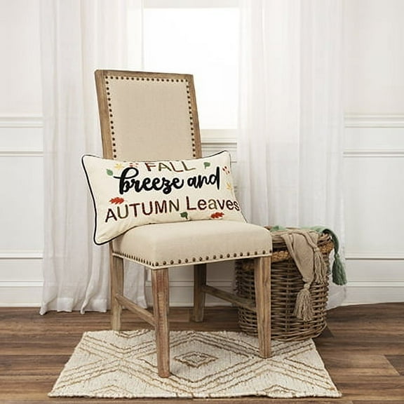 Rizzy Home Harvest Ivory/Multicolor Sentiment - "Fall Breeze and Autumn Leaves" Cotton 14"x26" Poly Filled Decorative Throw Pillow