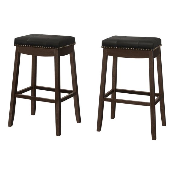 Set of 2 Black Leather and Brown Stylish Swivel Bar Height Barstool, 29.5"