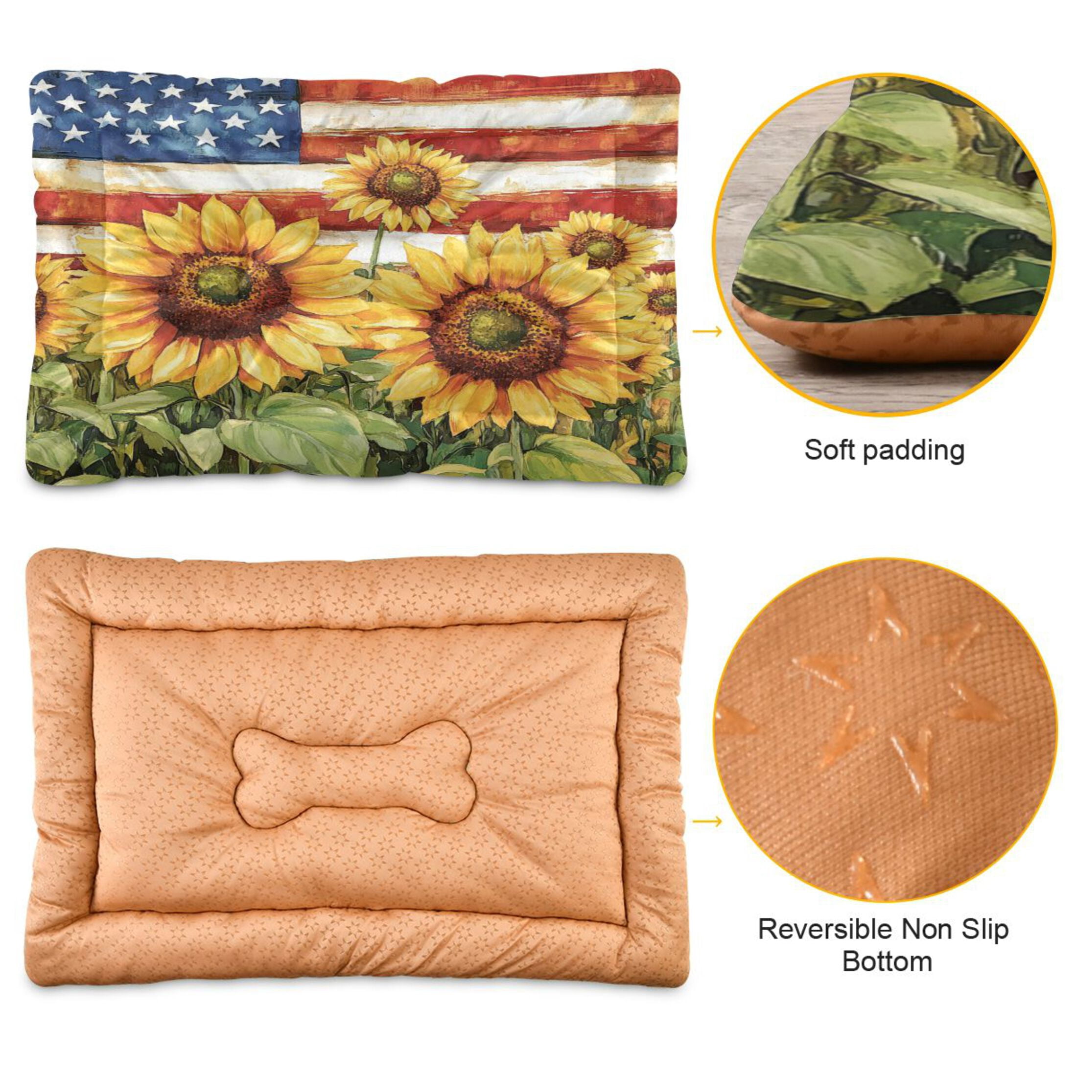 Qxltty Sunflower American Flag Ped Pad Wear-resistant and Hard to Bite Through Sleeping Pad for Small Medium Large Dogs Winter Pet Bed 36×24in