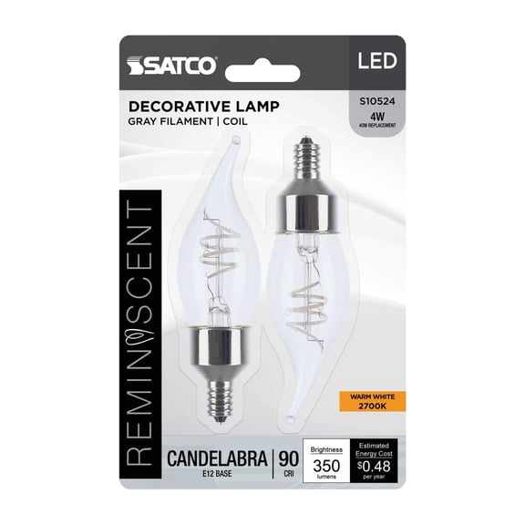 Satco S10524 Reminiscent LED Flex Gray Coil Filament CA11 Light Bulbs 4W 120V 2700K E12 Candelabra Base Dimmable (2 Pack)