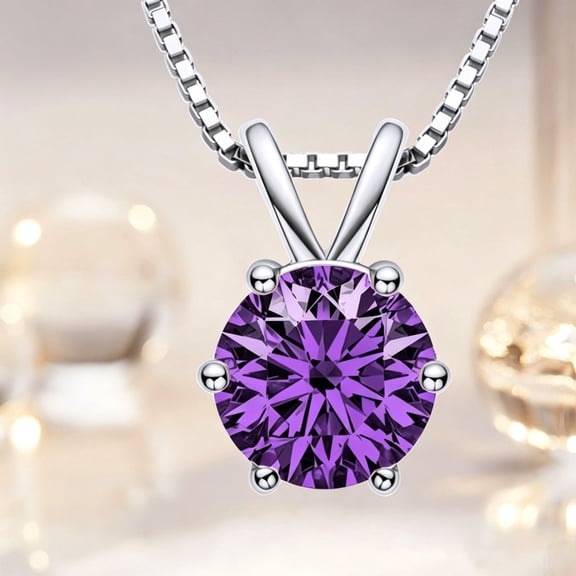 Women's PurpleRound Stone Pendant Necklace, Silver-Tone Copper Solitaire Necklace, Fashion Commuter Necklace for Women