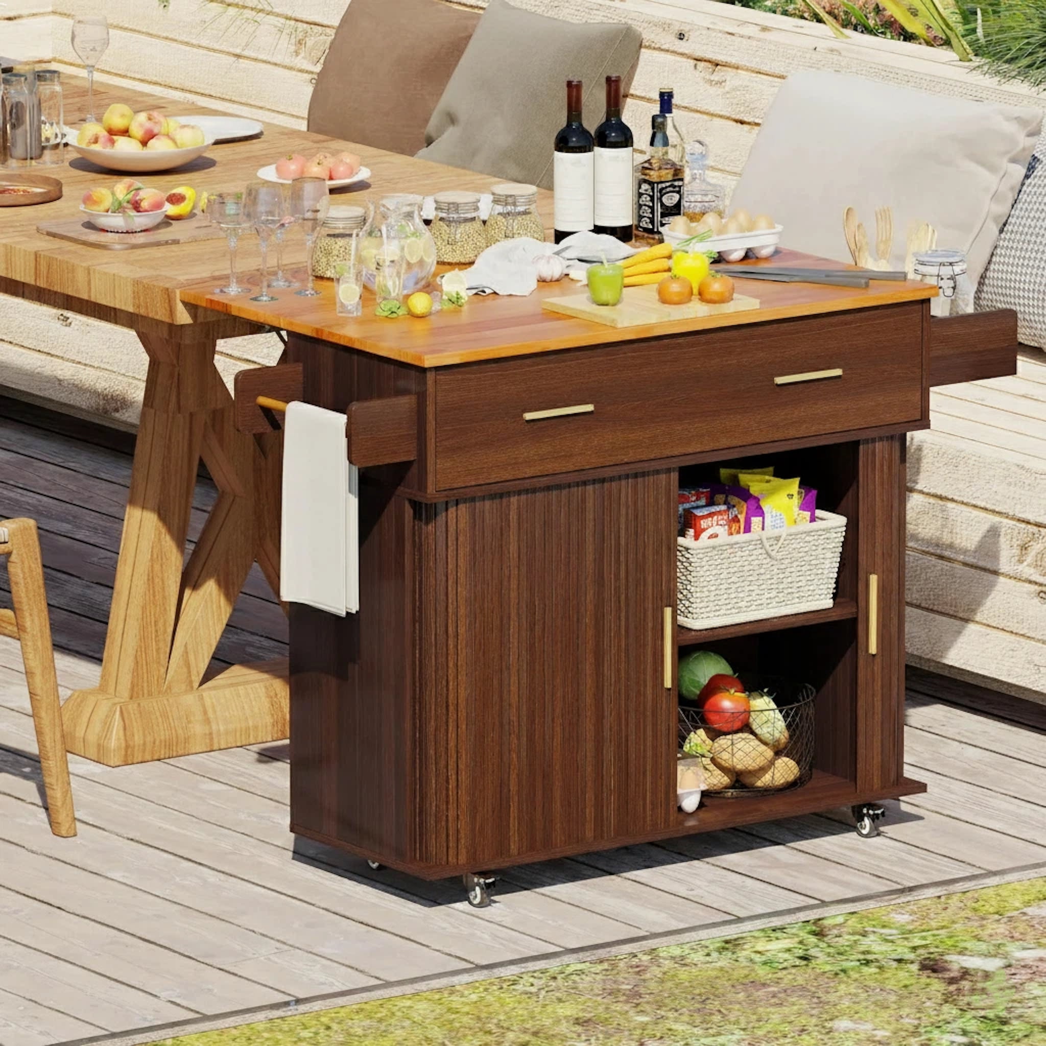 Aisword Rolling Kitchen Island with Drop Leaf Countertop, Mobile Kitchen Cart on Wheels, Sliding Door, Drawers, Spice Rack & 2-Tier Storage, Walnut