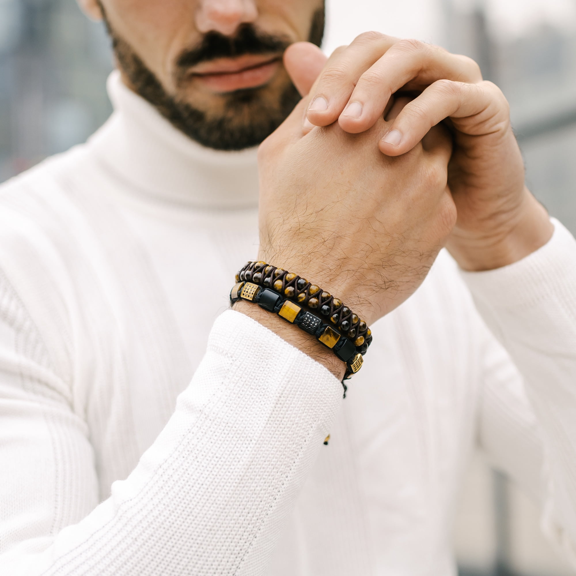 Men's TIGER EYE Double Bead Bracelet | Gift for Men | One Size Fits All | 100% Natural | Gemstone Adjustable Bracelet