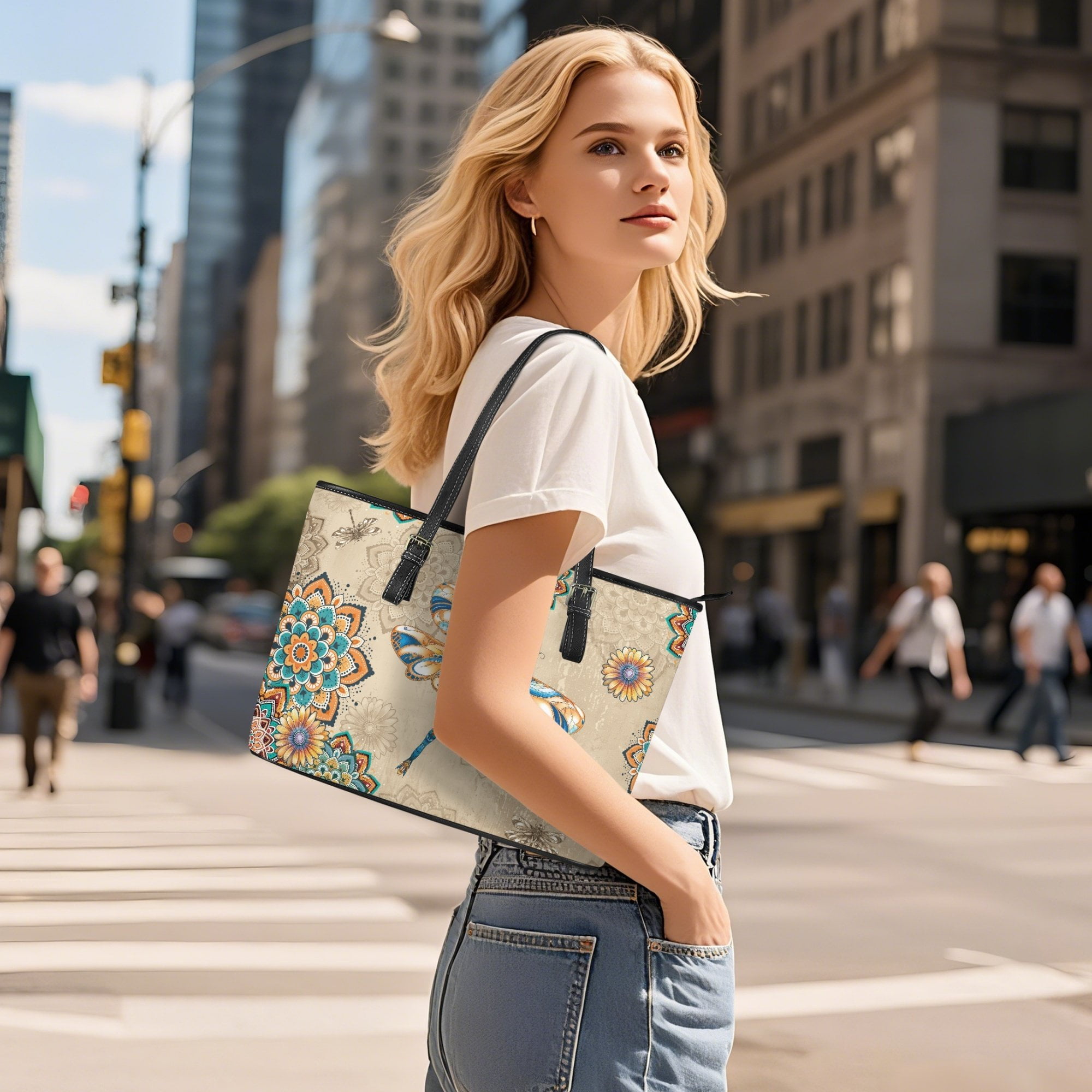 Kuiaobaty Dragonfly Print Satchel Purse for Women, Mandala Flowers Print Tote Handbag Purse with Zipper Closure, Roomy Leather Shoulder Bag for Travel, Beige