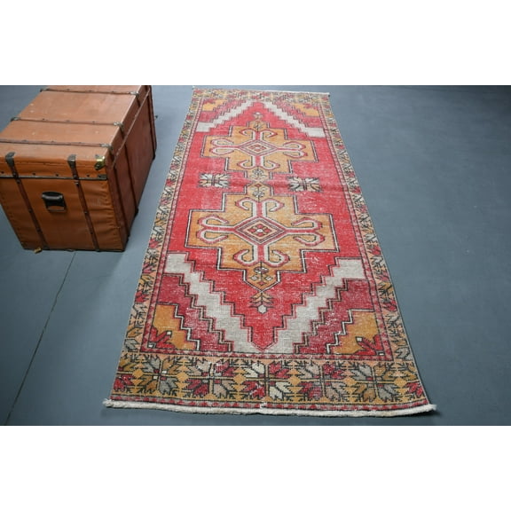 Vintage Rug, Turkish Rug, Area Rug, Oushak Rug, 45x108 inches Red Rug, Tribal Floor Rugs, Outdoor Rug, Bedroom Carpet, 10988