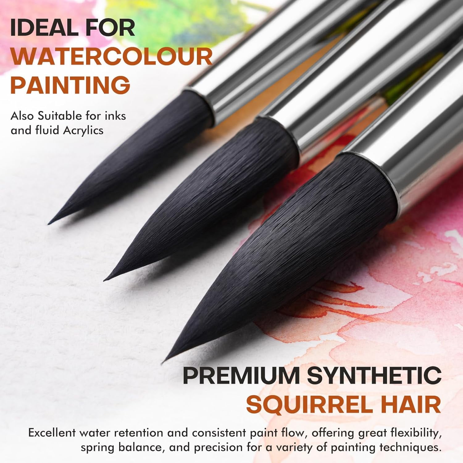 Watercolor Brushes Professional, Fuumuui 10Pcs Synthetic Squirrel Hair Paint Brush Set for Artists with Wide Flat, Round, Detail, Dagger, Cat's Tongue for Watercolor Gouache Inks Painting