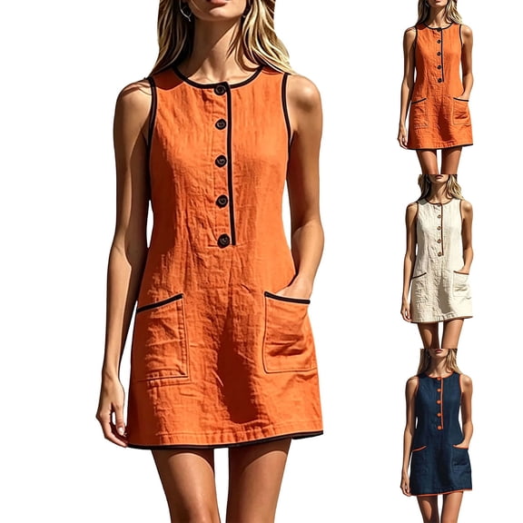 Endives Summer Dresses for Women Casual Button Front Mini Dress Sleeveless Round Neck Retro Dresses Comfy Trendy Summer Shift Dress with Pockets Midi Dresses for Women Orange M