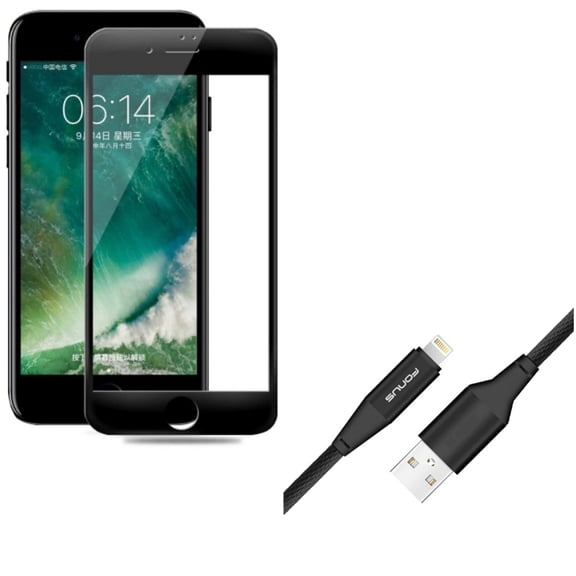 iPhone 8/7/6S/6 - Ceramics Screen Protector w Charger Cord 10ft USB Cable - Matte Black 3D Curved Edge Full Cover Anti Glare, Power Wire Braided Long Sync for iPhone 8/7/6S/6