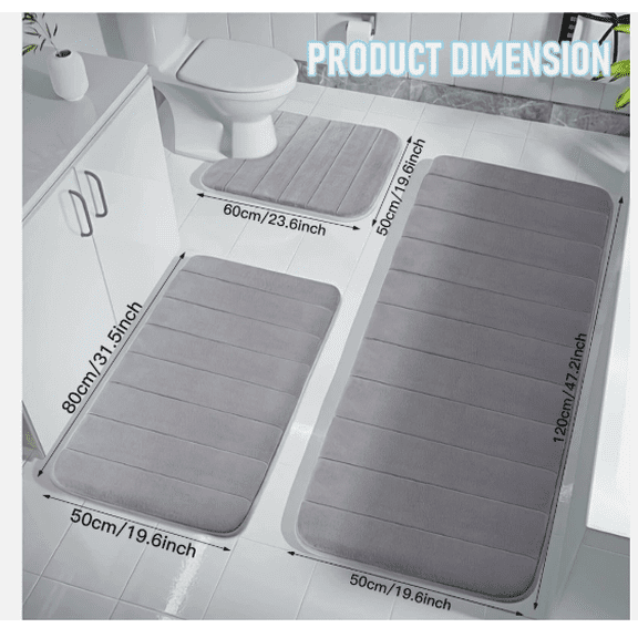 3PC Bathroom Rug Set Memory Foam Bath Mats – Small, Large & Contour Toilet Rug, Soft Absorbent Non-Slip Bath Rugs Set