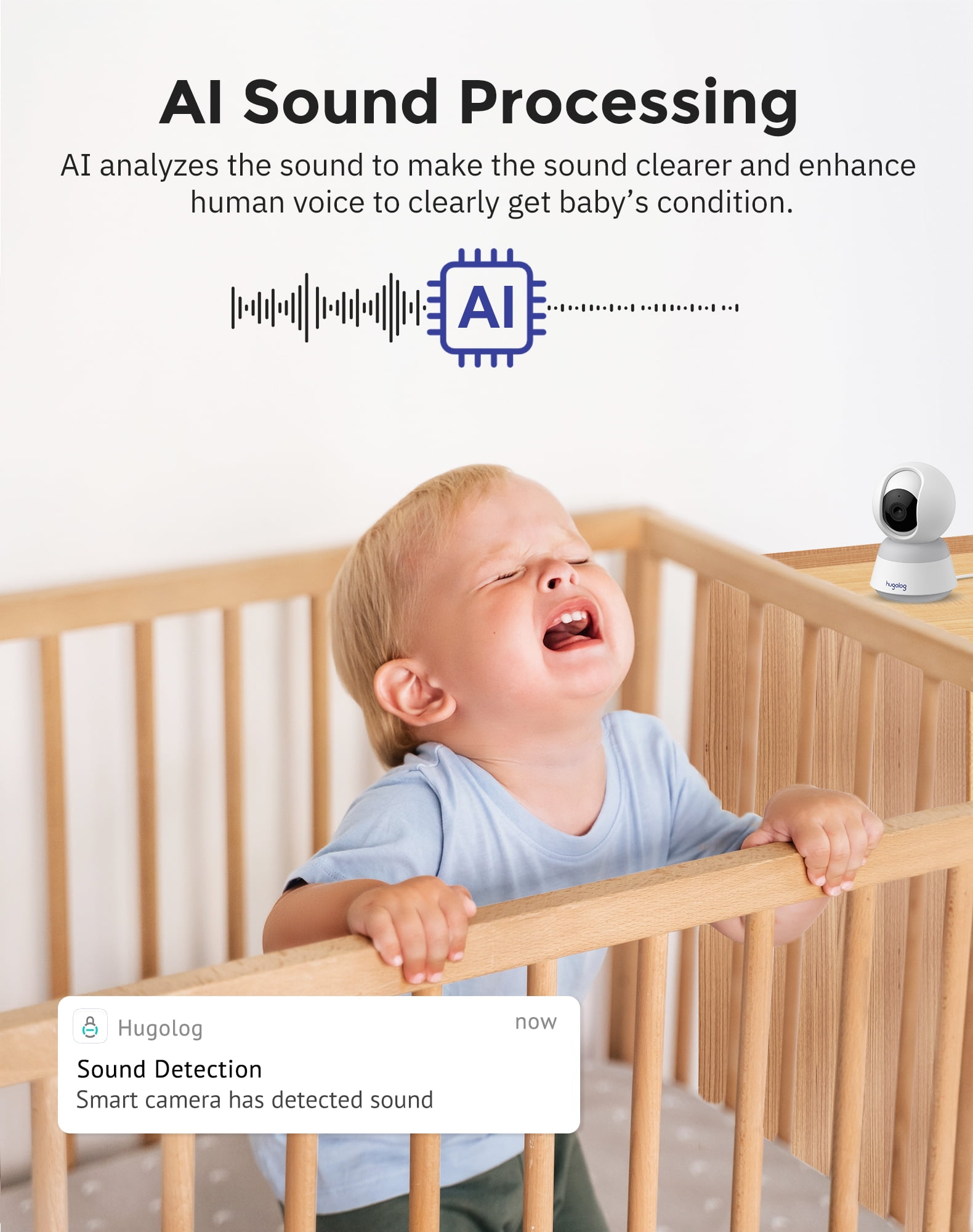 Hugolog 3K 5MP Indoor Pan/Tilt Security Camera, AI Sound Processing Ideal for Baby Monitor/Pet Camera/Home Security with 12×Zoom,Starlight Color Night Vision,Human Dectection,US Cloud,Works with Alexa