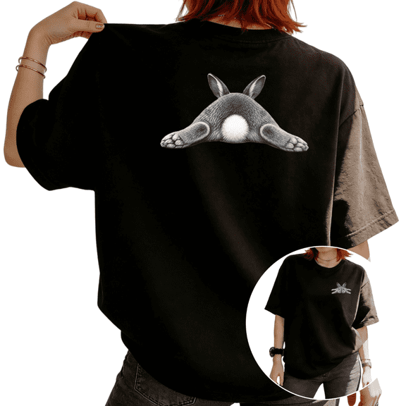 Women Cute Bunny Butt Front And Back Graphic Tees T Shirt Tops Round Neck Cotton T Shirt Black S-5XL