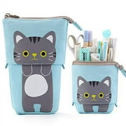 EASTHILL Cartoon Cute Cat Pencil Pouch Canvas Pen Bag Standing Stationery Case Holder Box for Student (Blue)