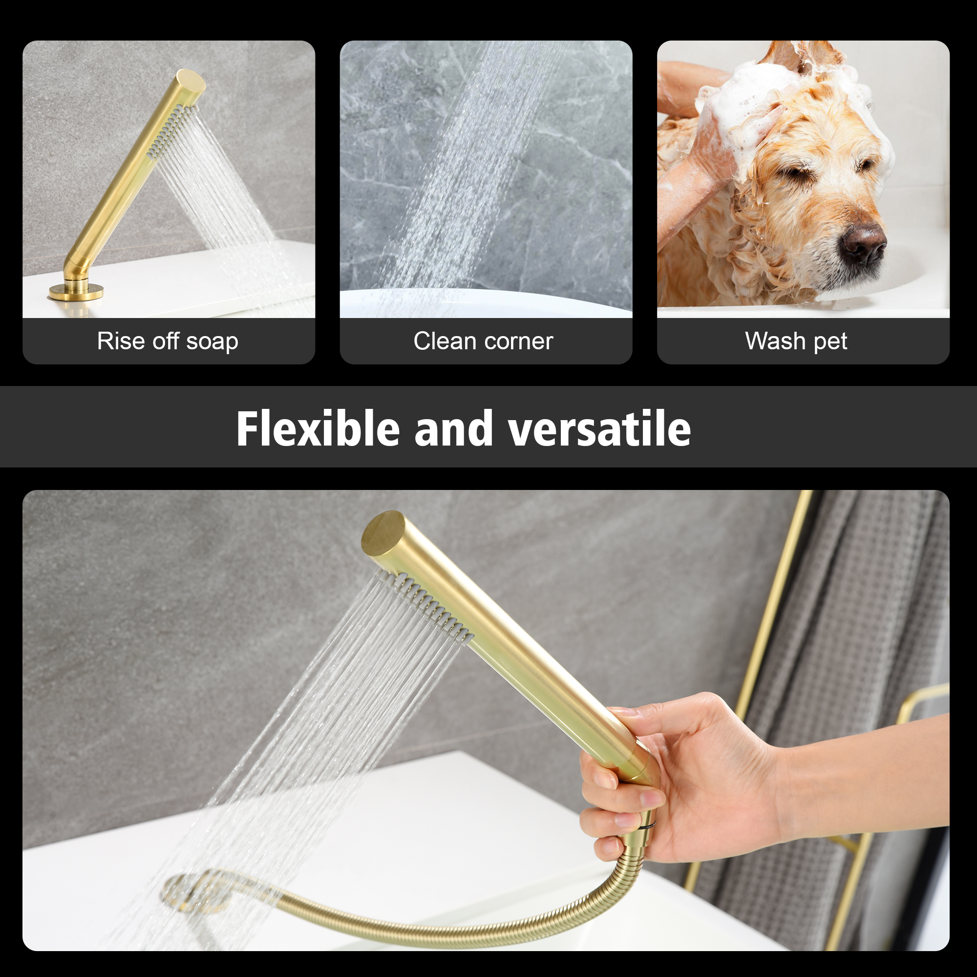 SUMERAIN Waterfall 3 Holes Roman Tub Faucet Brushed Gold, High Flow Bathroom Tub Filler with Handheld Shower