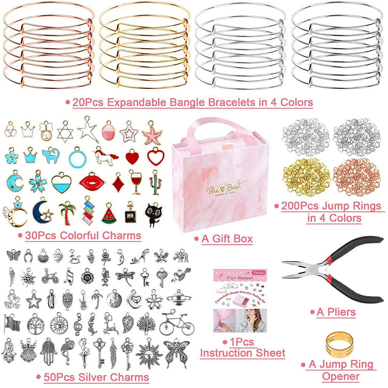 300Pcs Bangle Bracelets Making Kit, Charm Bracelet Making Kit with  Expandable Bangles, Charms, Jump Rings and Pliers for Jewelry Making Bangle