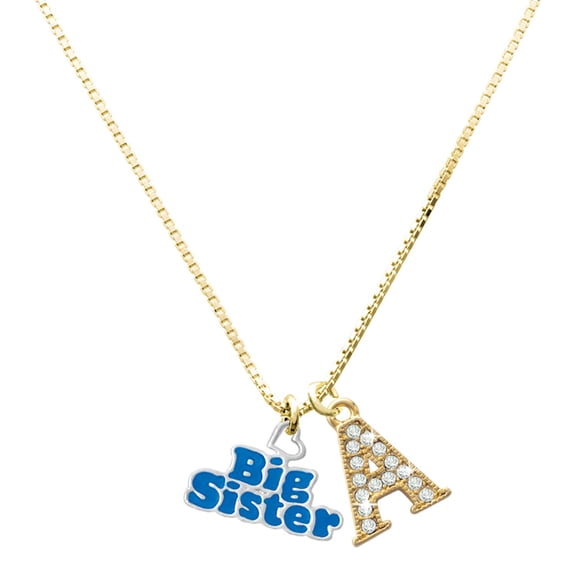 Delight Jewelry Silver-tone Royal Blue ''Big Sister'' with Heart - Large Goldtone Crystal Initial - A - Charm Necklace, 17.5" 2"