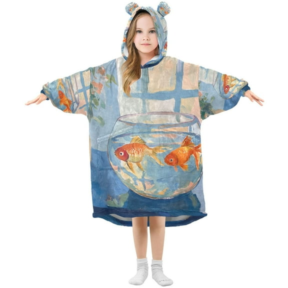 FORMRS Wearable Blanket Hoodie with Sleeves for Kids Cozy Flannel Sweatshirt, Blue Goldfish