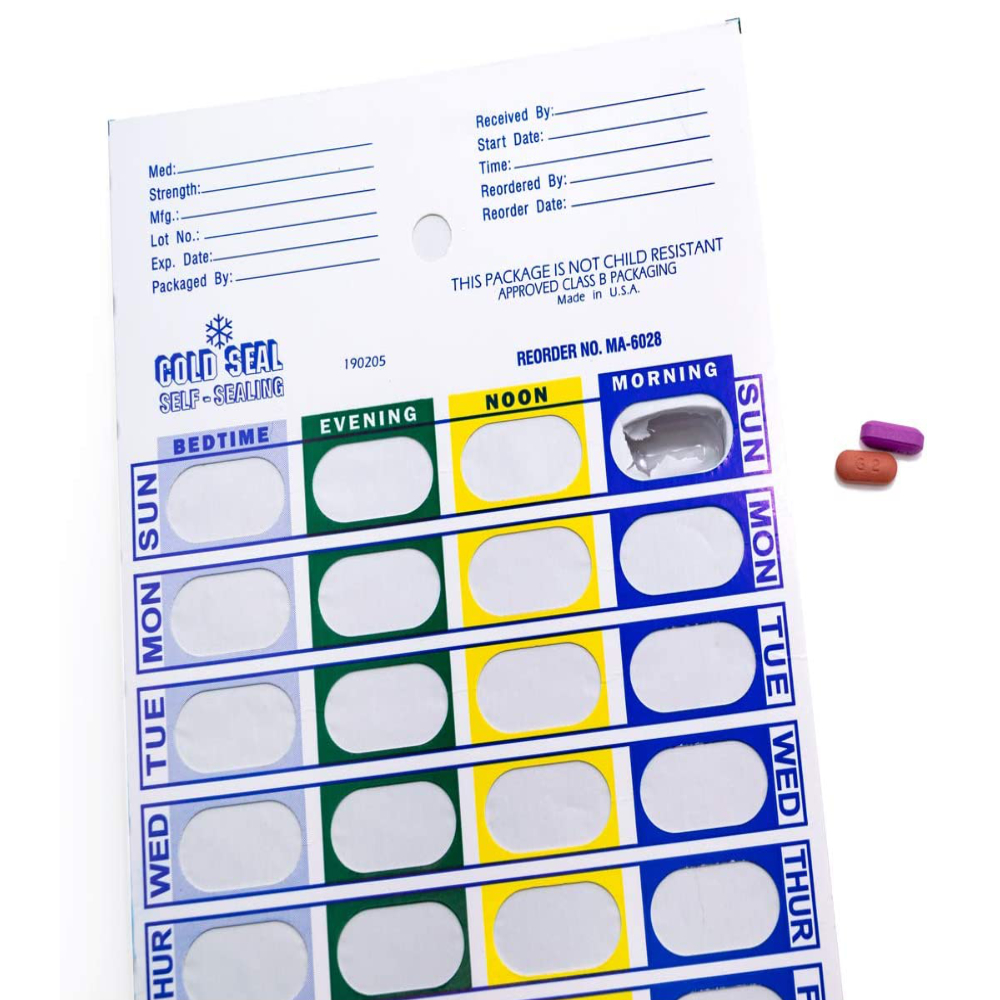4 Time a Day Medication Blister Pack, Weekly Pill Organizer Cards, 100 Pack