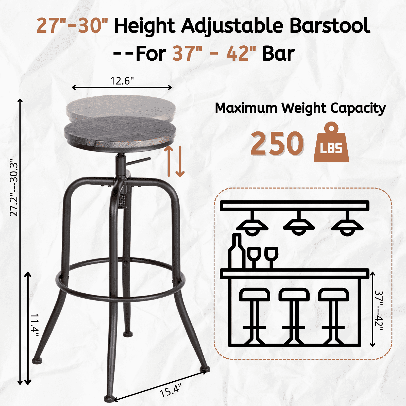 Homy Casa Swivel Bar Stools Set of 4, Adjustable Height Wooden Top Counter Barstools for Bistro Dining Kitchen Island, Walnut