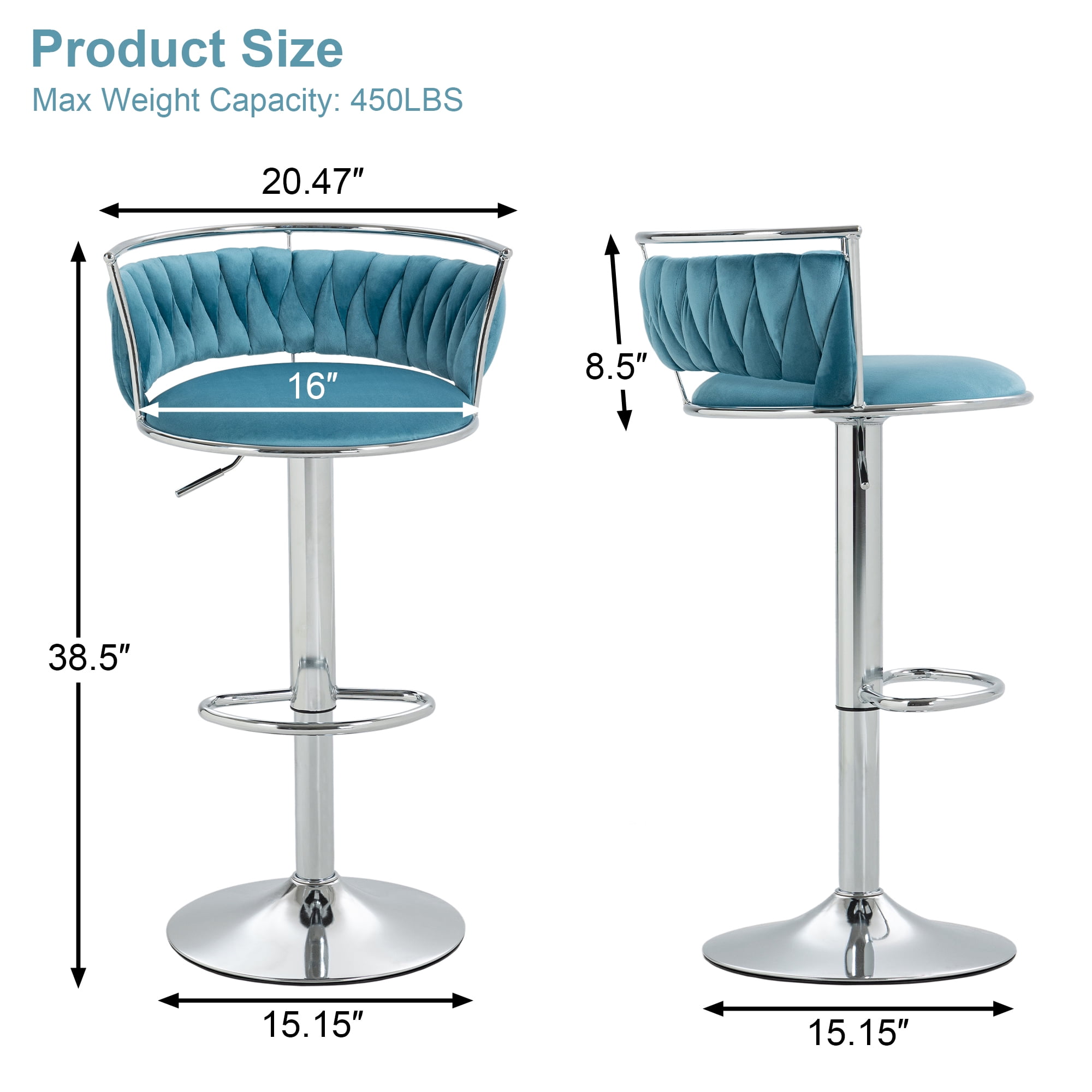 UIXE 360° Swivel Bar Stools Velvet Upholstered Adjustable Bar Chairs Set of 4 Silver Metal Barstool with Back & Footrest for Home and Kitchen, Blue