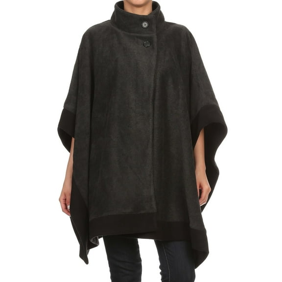 Charcoal Gray with Black Contrast Hem Winter Fleece Shawl Poncho