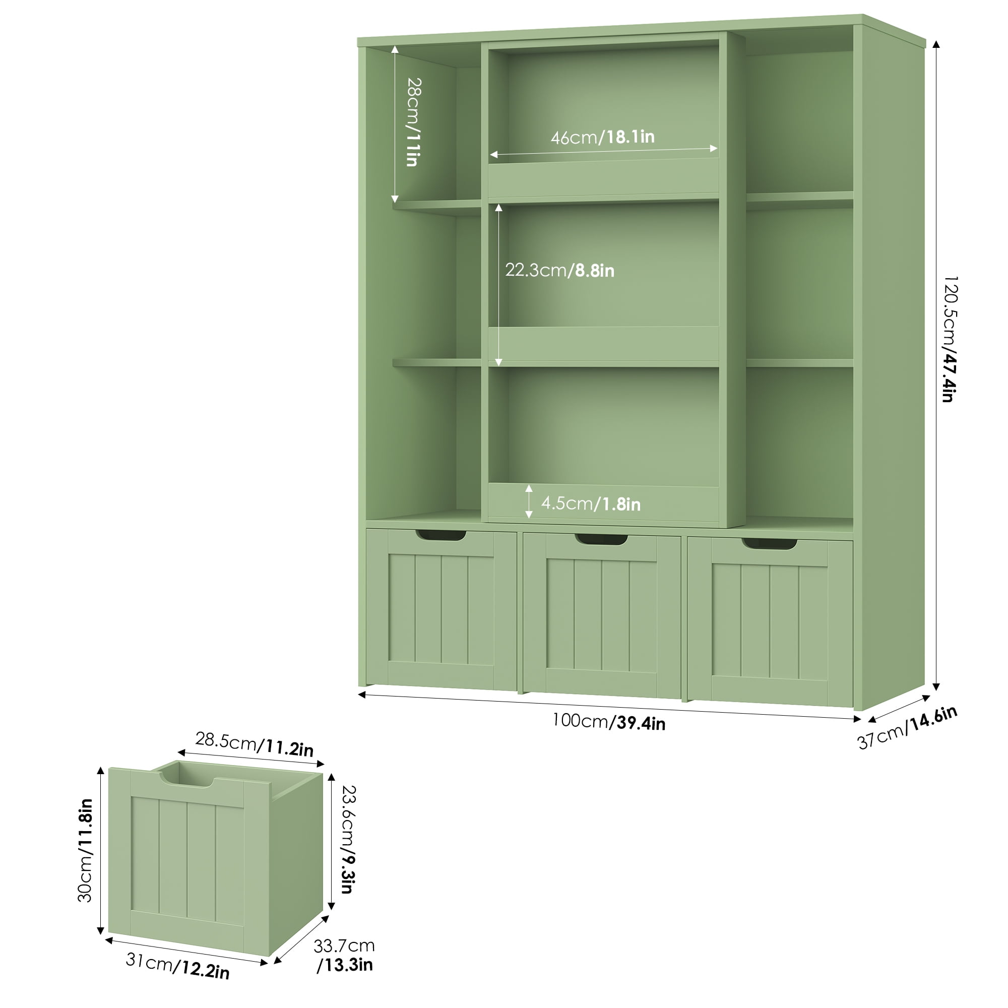 Homfa 6 Cube Toy Storage, Cube Organizer with Sliding Rack, 3 Drawer Kids Bookcase and Bookshelf, Green