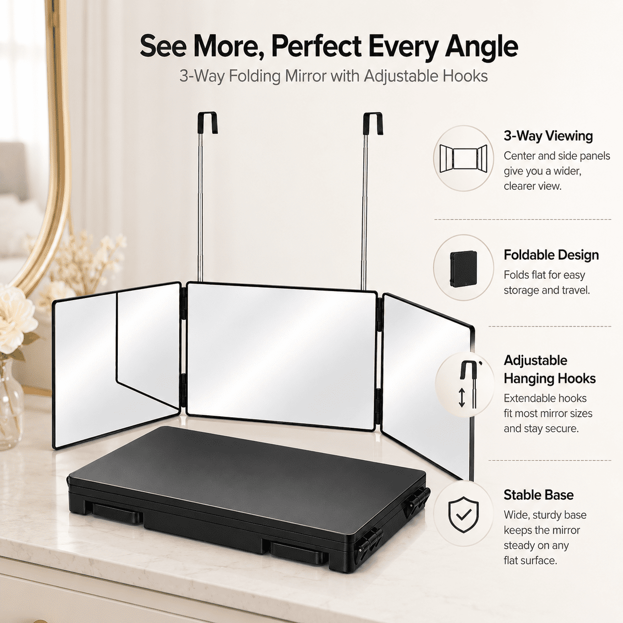 3 Way Mirror for Self Hair Cutting, 360° Adjustable Trifold Mirror, Hanging Self Barber Mirror with Telescoping Hooks, Portable Styling Mirror (Black)