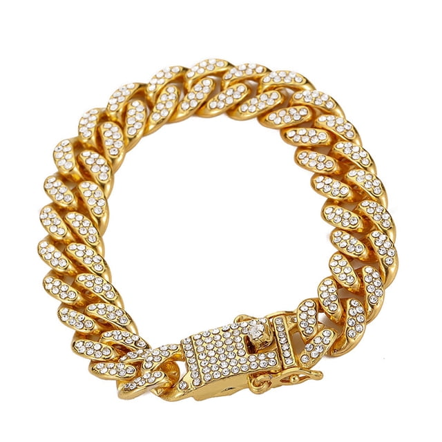 Qarigey plateada Diamantes de imitación brillantes Hip Hop Cadena de eslabones cubanos Hombres Mujeres Bling Bangle Crystal Accesorio Ropa, zapatos y accesorios Miscelánea Dorado