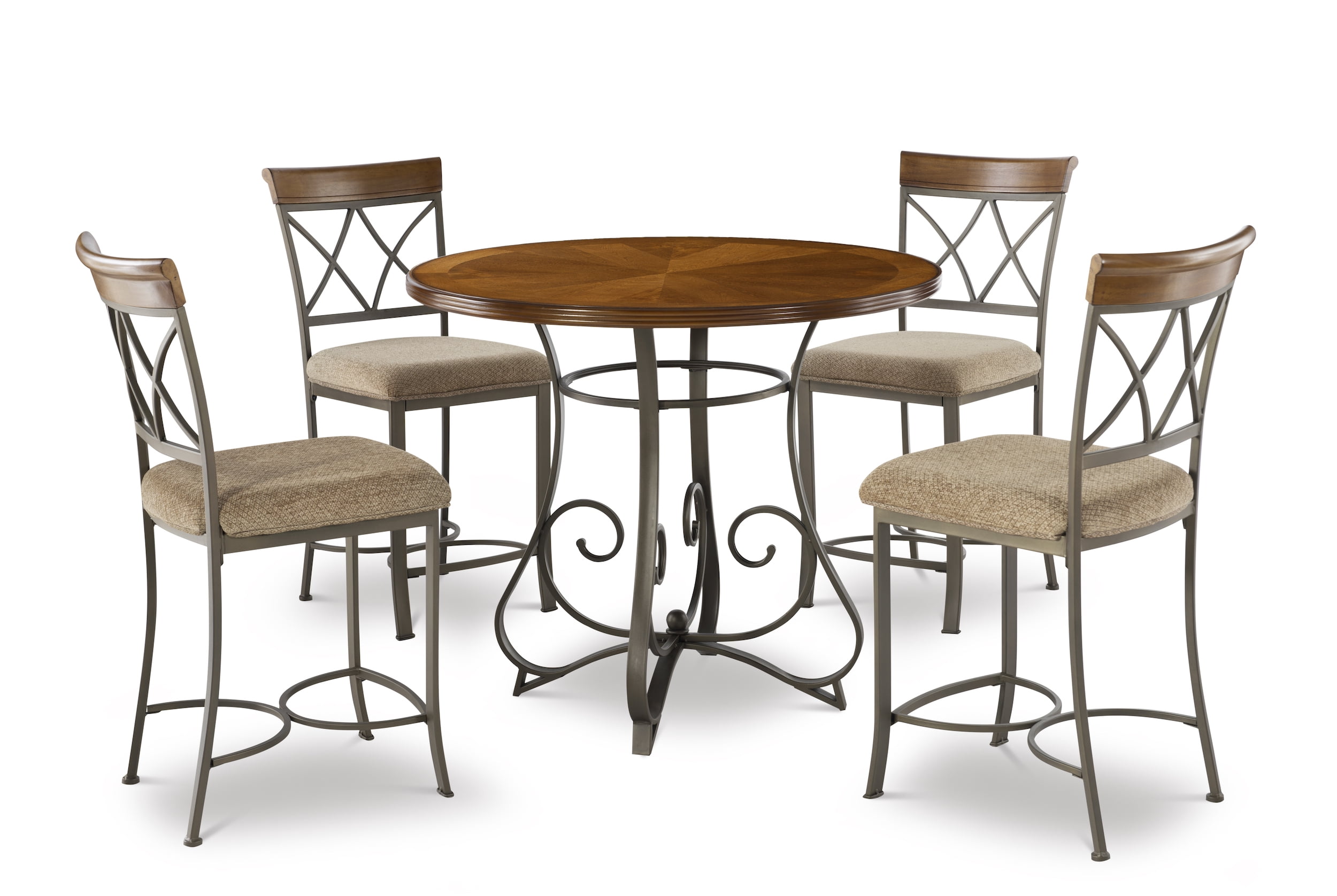 Roselyn 5-Piece Counter Height Pub Set, Brushed Faux Medium Cherry Wood with "Matte Pewter and Bronze" Metal