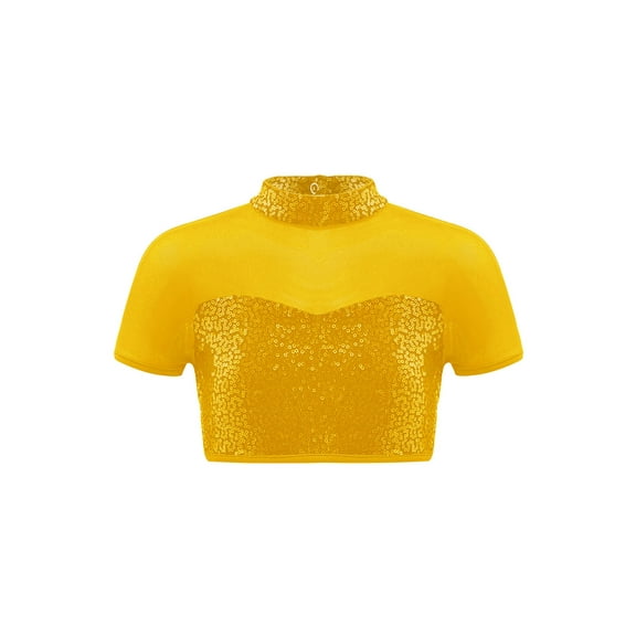 Haitryli Kids Girls Gymnastics T-Shirt Lyrical Ballet Dance Crop Tops Mesh Patchwork Jazz Hip Hop Dancewear Gold 4