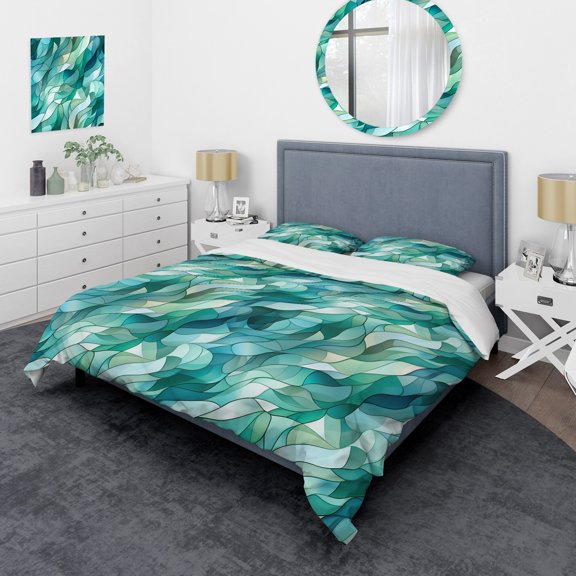 DESIGN ART Designart "Seaglass Mosaic Emerald Coastal Pattern I" Modern Bed Cover Set With 2 Shams King